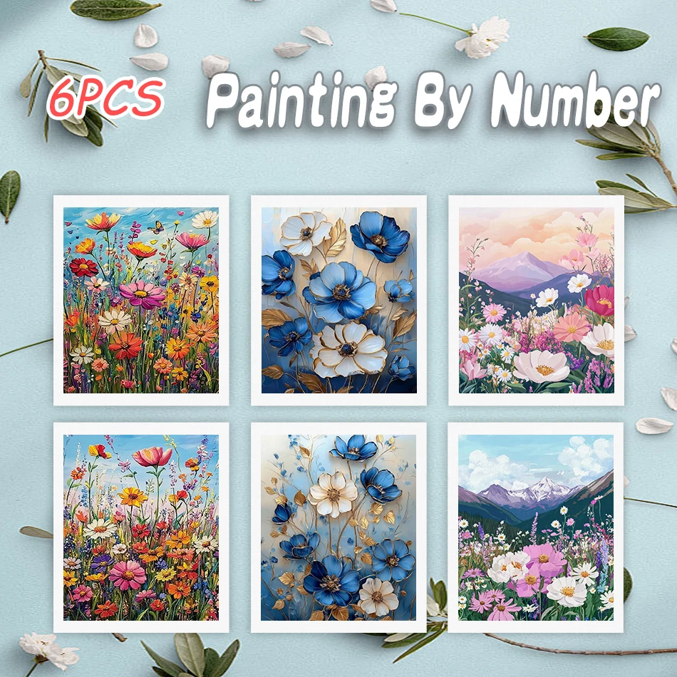 

6pcs Painting On Numbers Colorful Flower Clusters Coloring By Number Decor Art Acrylic Paint Paintings For Interior Home Decor