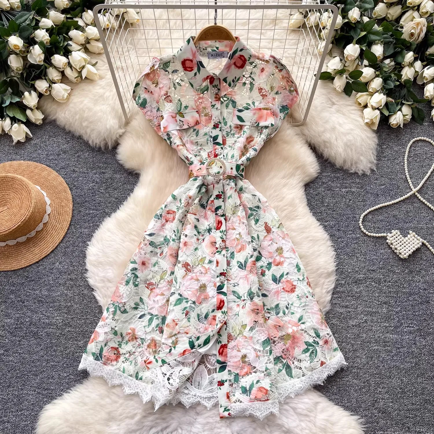 

Quality Hollow Out Lace Embroidery Prom Dress Women Short Sleeve Slim High Waist French Vintage Floral Mini Party Vestidos