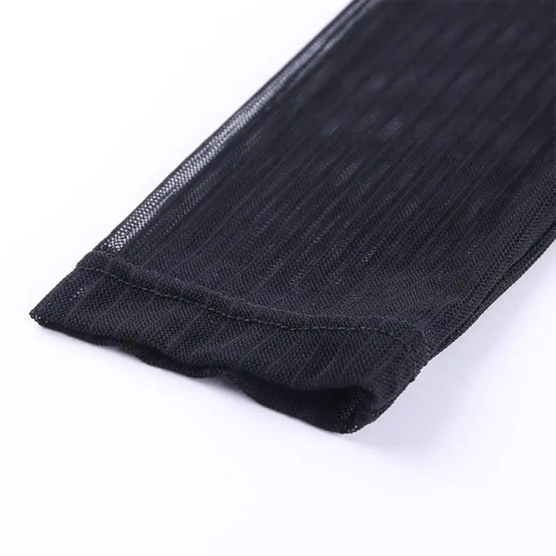 652F انظر على الرغم من شبكة المرأة تي شيرت أسود شفاف مخطط كم طويل نحيل ارتداءها مجوفة عارية الذراعين Playsuit بذلة #5