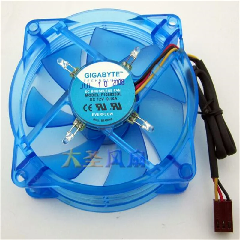 GIGABYTE 12V 0.10A F128025DL three-wire 8cm /CM blue dazzling LED ball fan