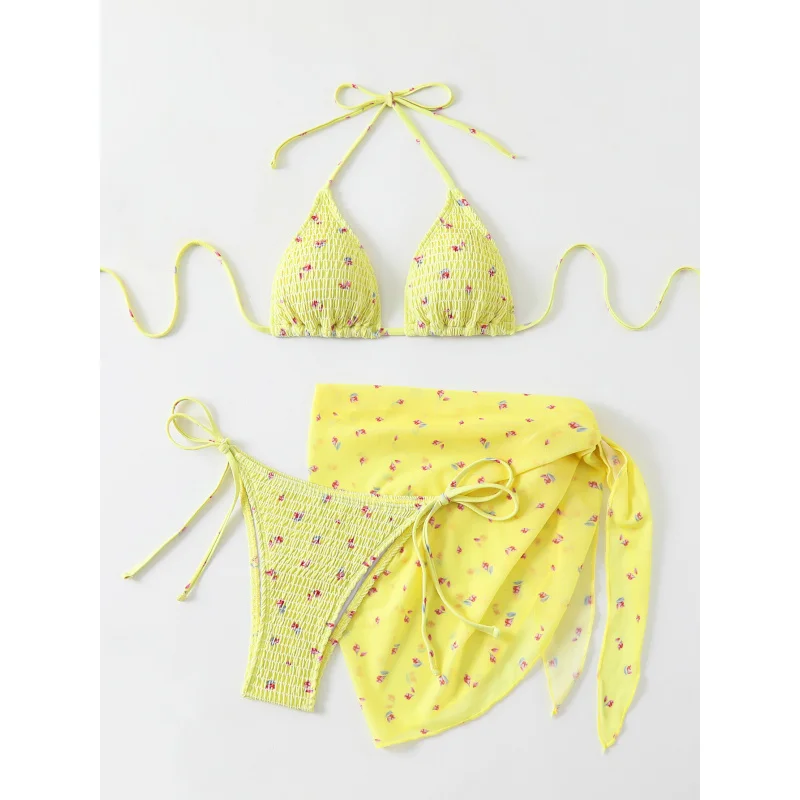 

New Style Gathered Small Clear Halter Tie Two-Piece Bikini with Wrap Skirt Summer Beach Fashion Women's Swimsuit