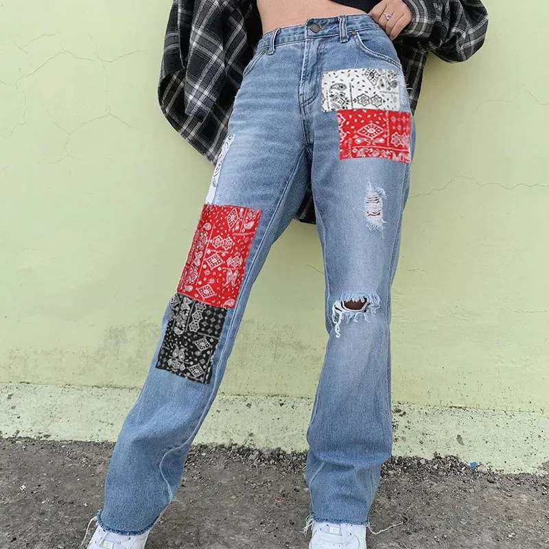 

2023 New Fashion Streetwear Bandana Patchwork Denim Pants Hole Ripped Jeans Women Fashion High Waist Jeans Straight Trousers