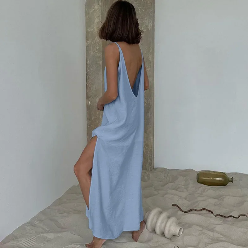 

Sexy Backless Slit Long Dress For Women Sleeveless Fashion Straigh Spaghetti Strap Dress O Neck Vacation Party Clothes