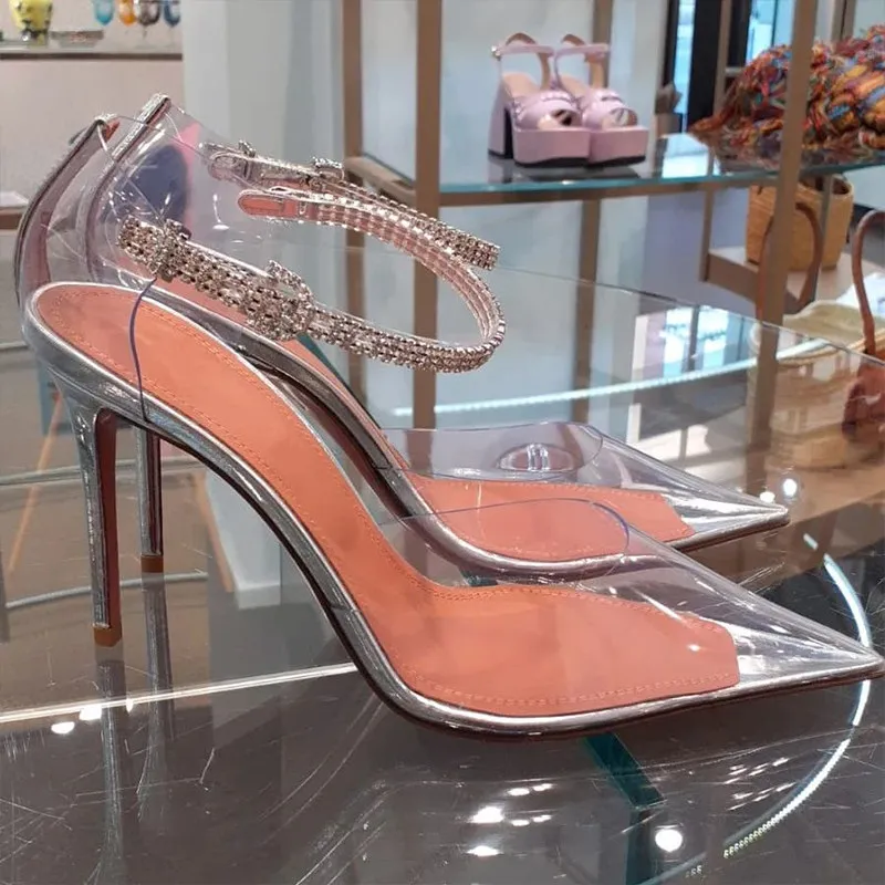

Прозрачные летние новые женские туфли со стразами и острым носком, с пряжкой и одним словом, на тонком каблуке, на высоком каблуке