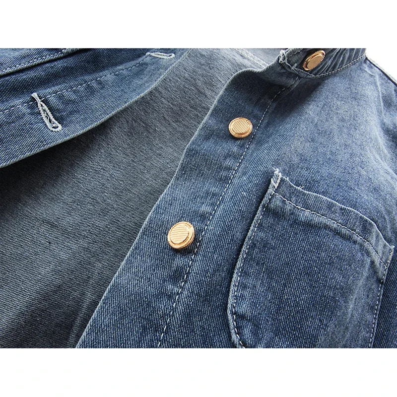 Primavera otoño Vintage azul Stand Collar bolsillo Denim chaleco mujer chaleco vaquero sin mangas chaqueta pantalones vaqueros cortos ajustados chaleco Mujer