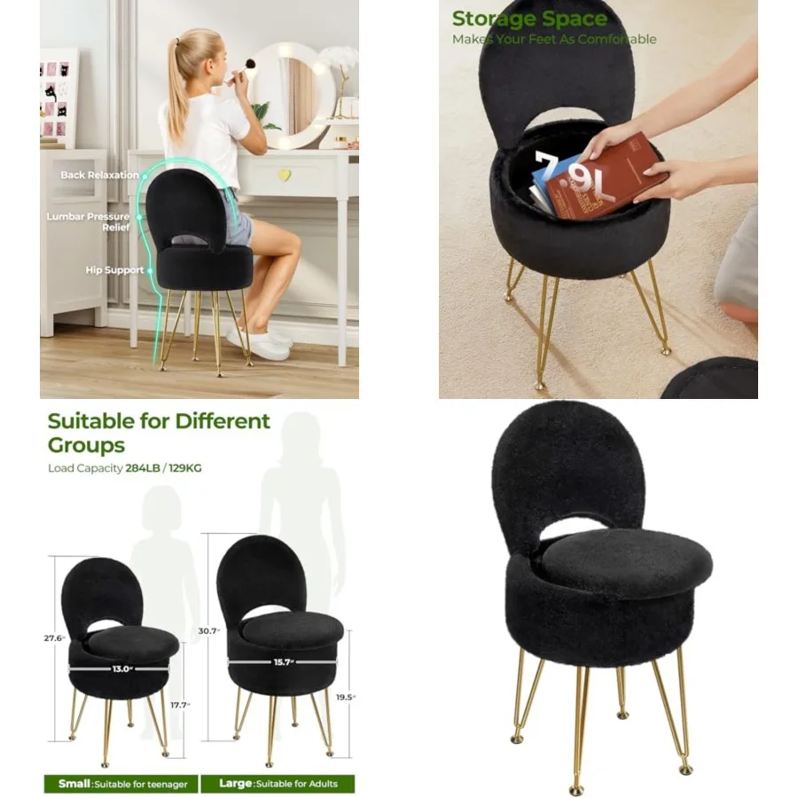 

Small Vanity Stool Chair with Storage and Folding Back, 13" x 13" x 17.7" Faux Fur Soft Ottoman for Teenager, 4 Metal Legs with Anti-Slip Feet, Furry Padded Seat for Makeup, Bedroom, Black