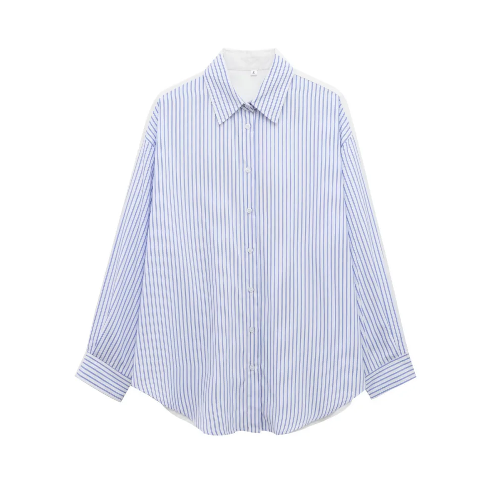 Losse poplin top voor dames met kraag, lange mouwen, knoopsluiting, stoffen strepen, lente/zomer nieuw mode-shirt