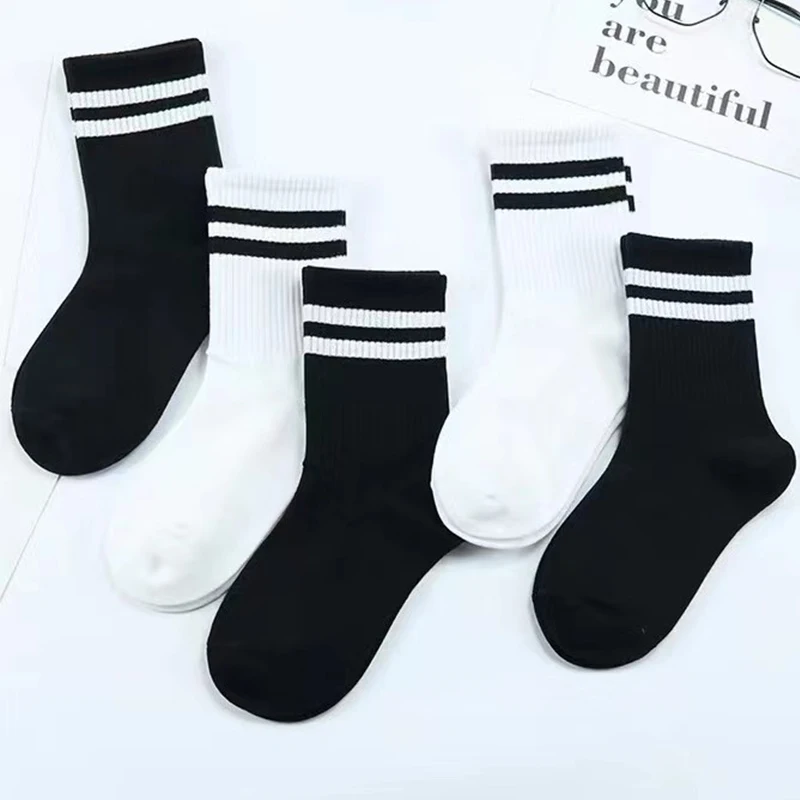 3/4/5/6 Pairs  Socks Spring Autumn Simple Casual Black White Striped Socks Breathable Mid Tube Sock High-quality Round Neck