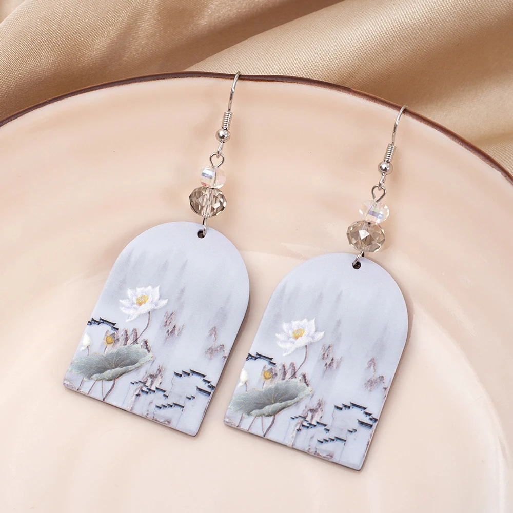 Fashion Ink Painting Lotus Flower Gray Acrylic Elegant Earrings For Women Paired With Shiny Glass Vacation Style Girls Jewelry