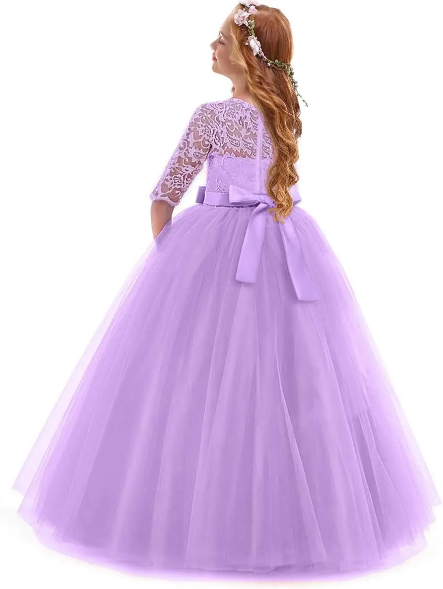 فستان فتاة الزهور فستان ريترو دانتيل 3/4 كم، فستان الأميرة لحفلات أعياد الميلاد والرقص، فستان سهرة للفتيات للمناسبات الرسمية
