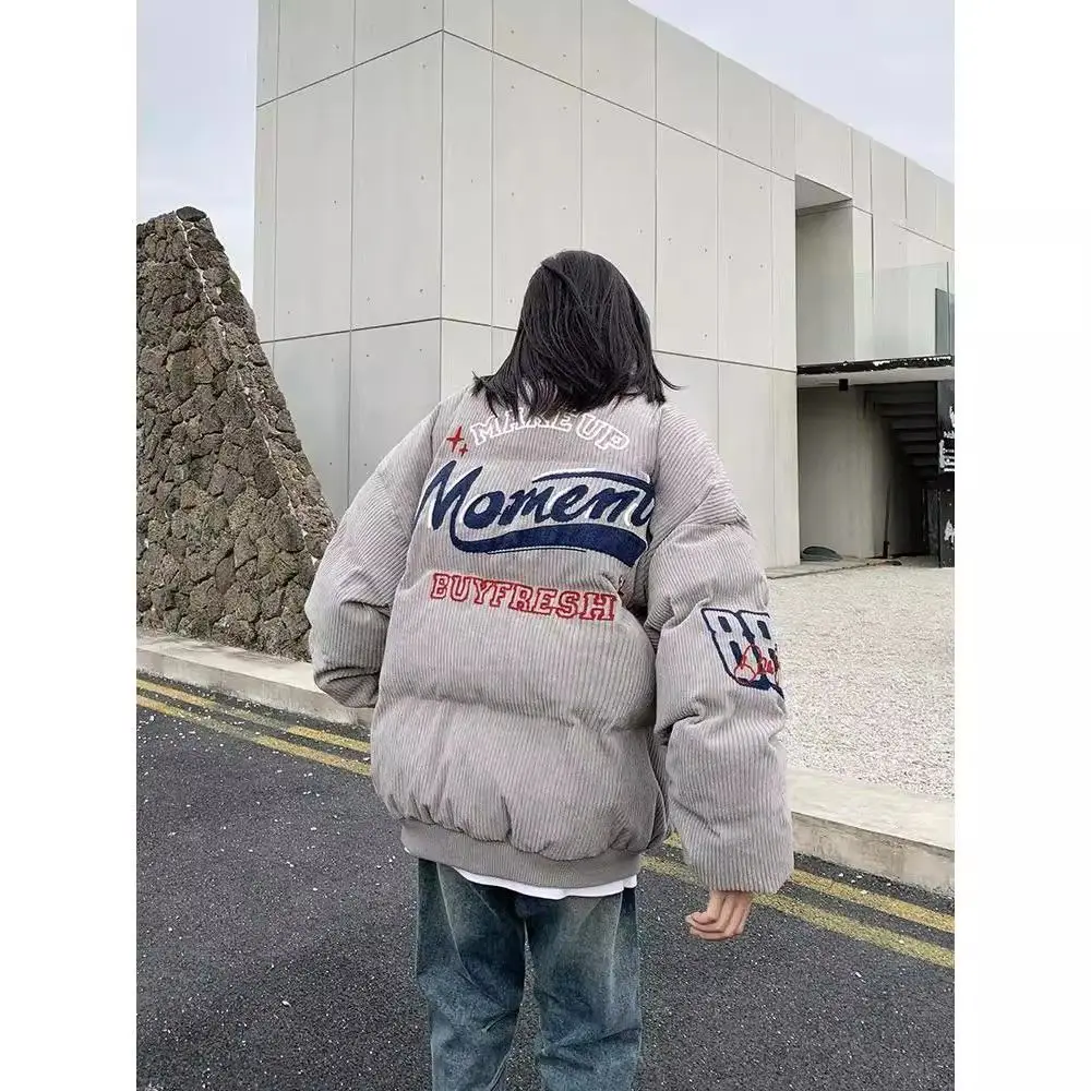 Retro American High Street Corduroy Winter Embroidered Stand Collar Cotton Jacket Loose Bread Style Couples Outerwear