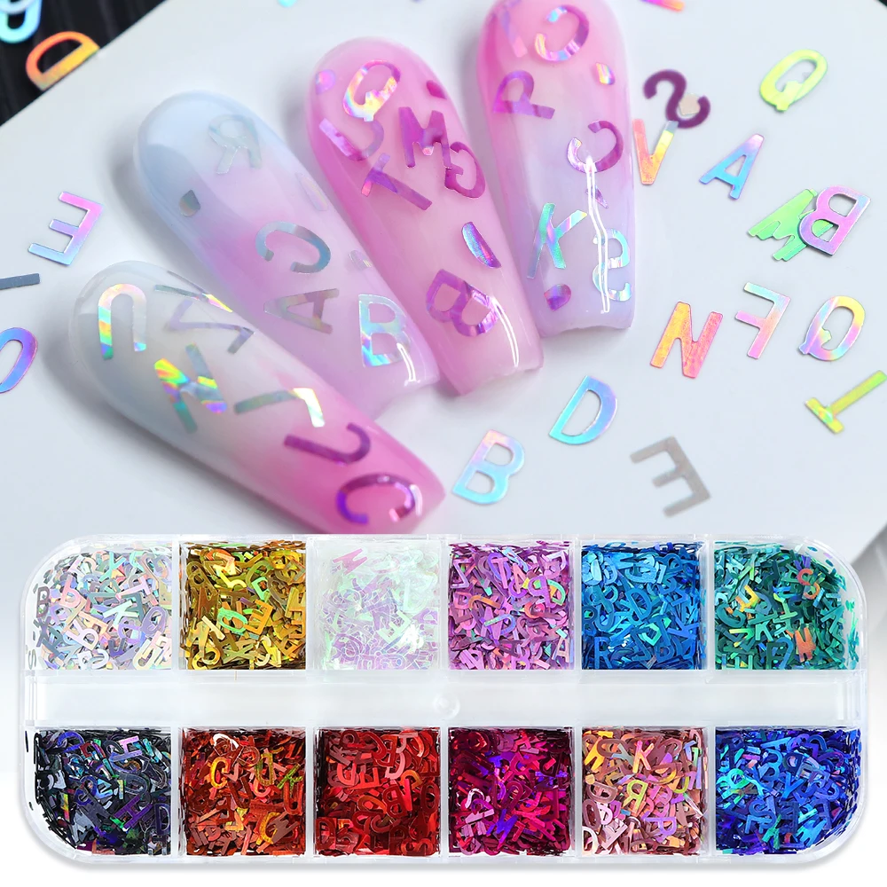 12 Grids Holographic 26 English Letter Sequins Nail Art Decoration Laser Shiny Alphabet Glitter Flakes Manicure DIY Accessories