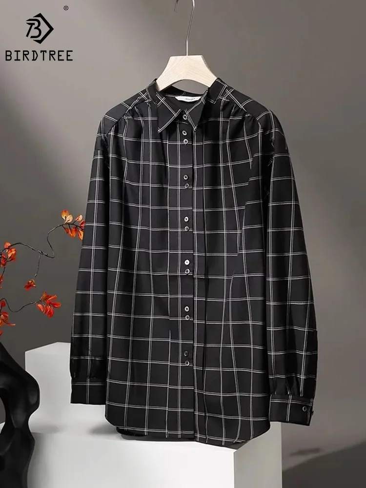 

Birdtree,Long Sleeve Plaid,Sheep Wool Mulberry Silk Blend Elegant Shirt,Skin-friendly European Loose Blouse,Autumn T3N154QM