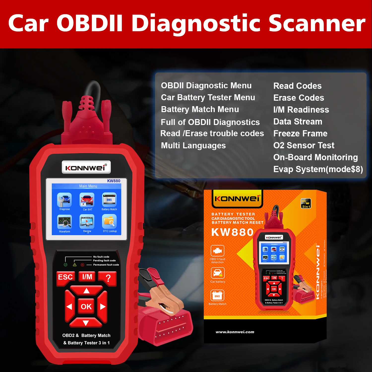 KONNWEI KW880 12V Car Battery Tester Analizer Auto Diagnostic Tool Battery Match 3 in 1 Car OBD2 Scanner Full OBD2 Function