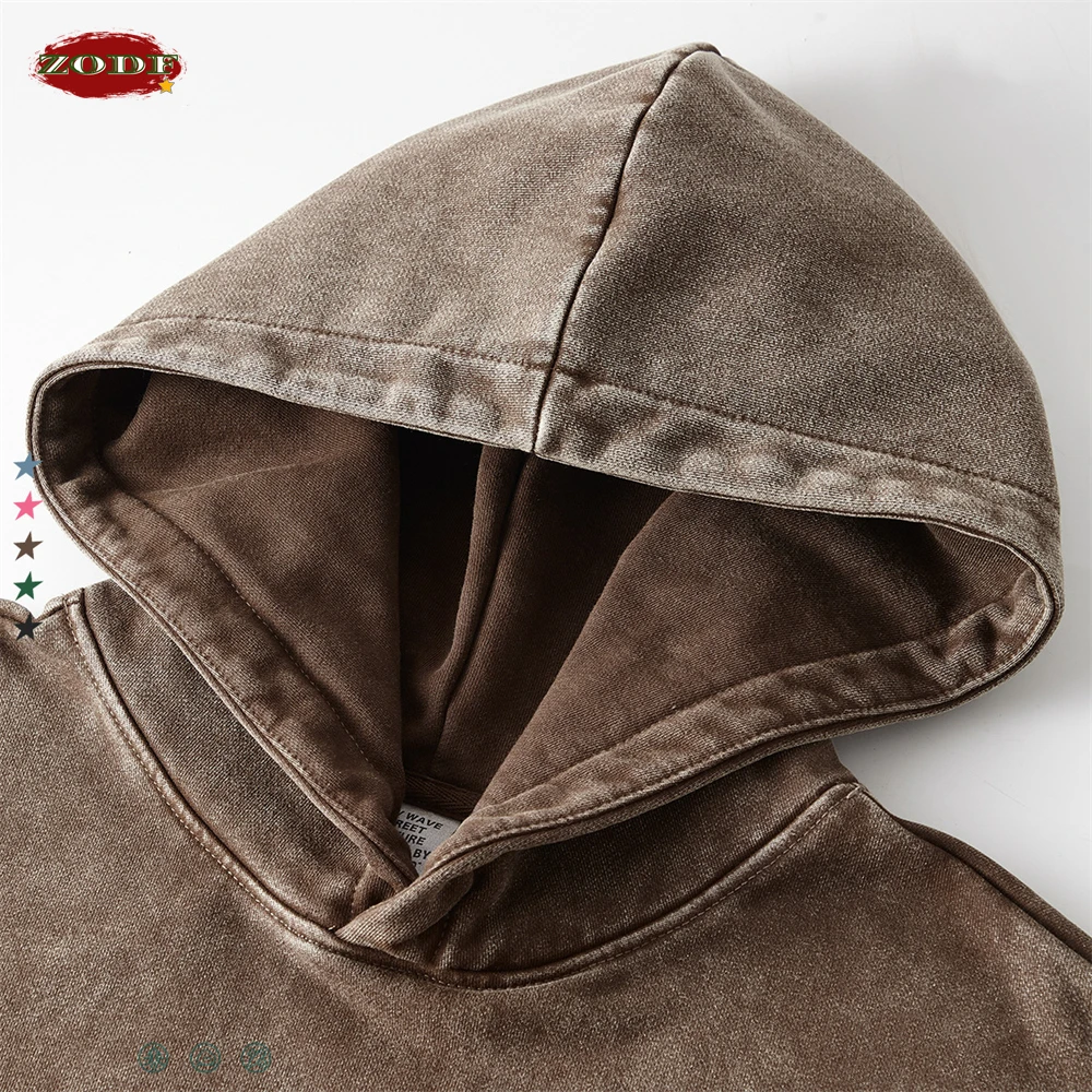 ZODF Retro Heavyweight Washed Fleece Hoodies For Men Unisex Loose Thick Warm 450gsm Hooded Sweatshirts Pullovers Sweaters HY0700