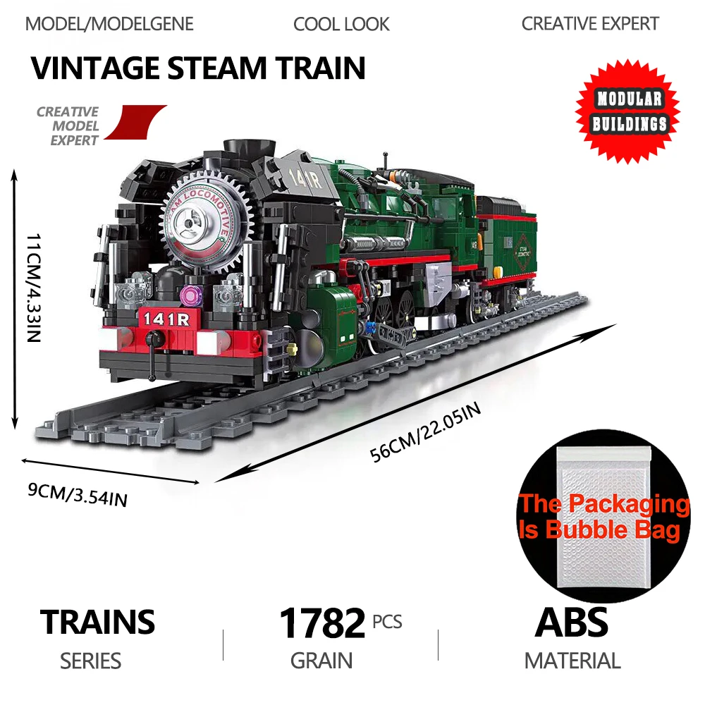 Retro Stoomtrein 141R Bouwstenen MOC Assemblagemodel Desktop Ornament Cadeauset voor jongens Volwassenen voor kerstvieringen