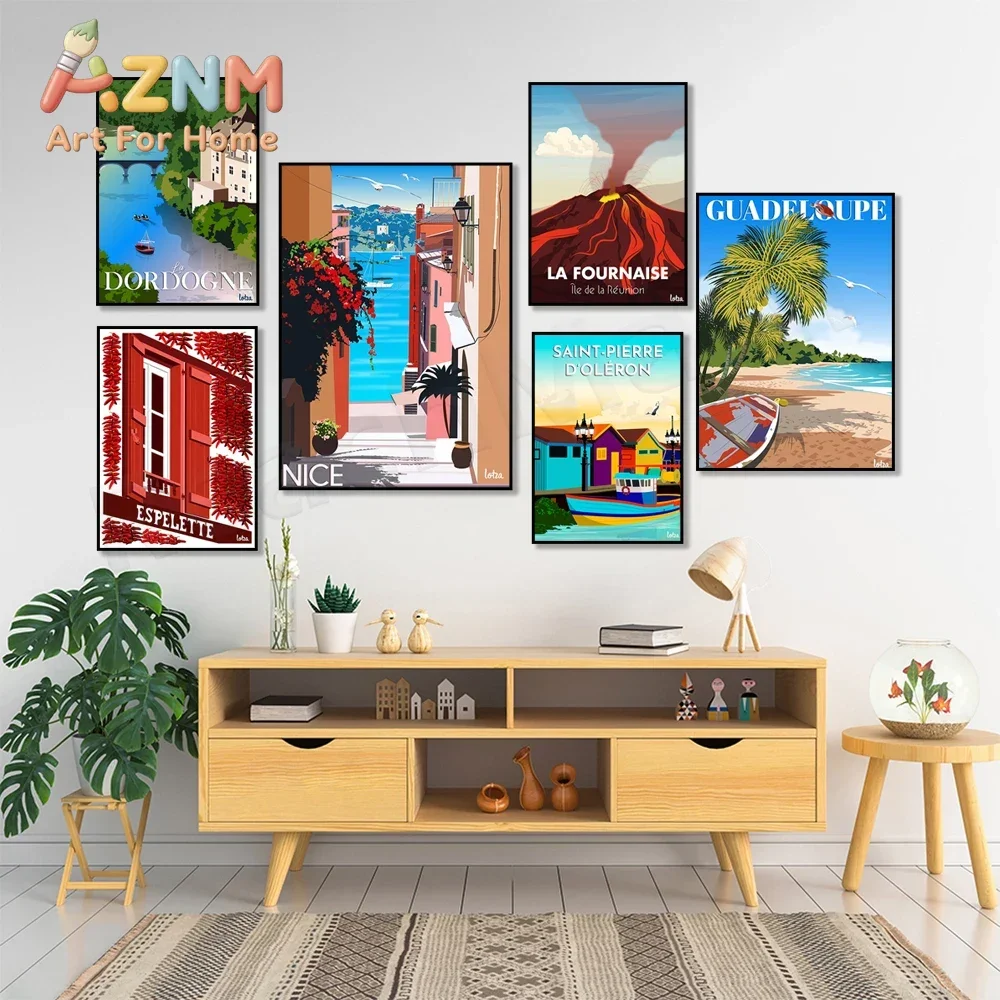 AZNM Marseille Guadeloupe France Travel Canvas Wall Art Retro Coastal Beach Port Landscape Frameless Print Poster for Home Decor