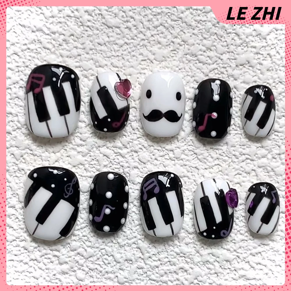 Kawaii Cartoon 3D Rilakkuma Short Square Round Handmade Press On Nails Cute Polka Point Musical Notes Wings Bowknot Fake Nail