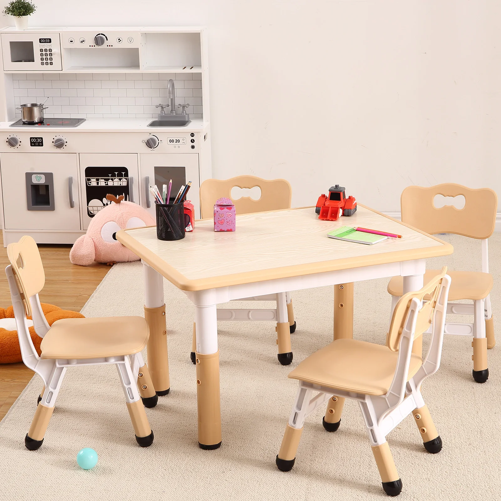 Conjunto de Mesa e Cadeiras para Crianças, Mesa Ajustável em Altura com 4 Assentos, Suporta até 300lbs, Mesa Multiatividades para Salas de Aula e Creches