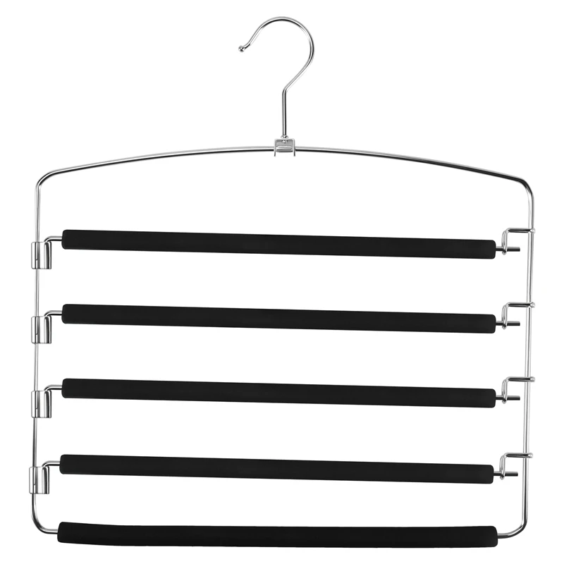 

A01F-Pants Hangers 5 Layers Metal Slack Magic Hangers Non-Slip Foam Padded Swing Arm Space Saving Hanger Clothes Closet Storage