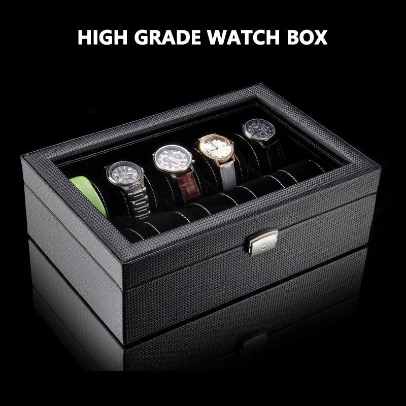 Carbon Fiber PU Leather 10 Table Watch Finishing Display Box Mechanical Watch Storage Box Tape Lock Box Dust-proof Custom Logo