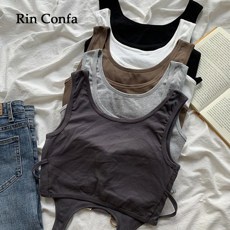 

Rin Confa Summer American Retro Sexy Camisole Solid O Neck Sleeveless Slim Short T-Shirt Women Streetwear Y2K Sporty Tank Top