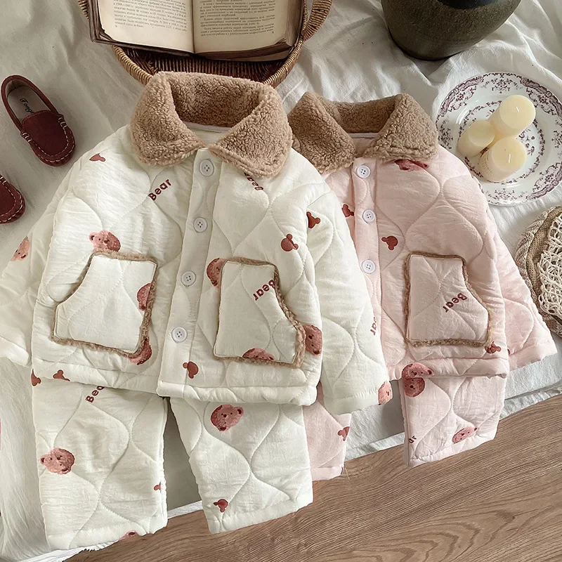 

Kids Cotton Padded Pajama Sets with Bear Print Fleece Collar Warm Winter Homewear Outfit for 1-5Y Boys Girls Cozy Loungewear