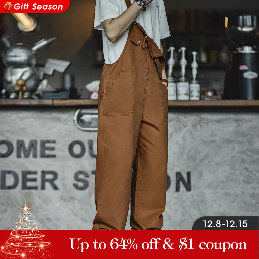 Maden New Retro Men\'s Solid Color Overalls Casual Straight Jumpsuit with Pockets Design Trousers for Daily Spring and Autumn