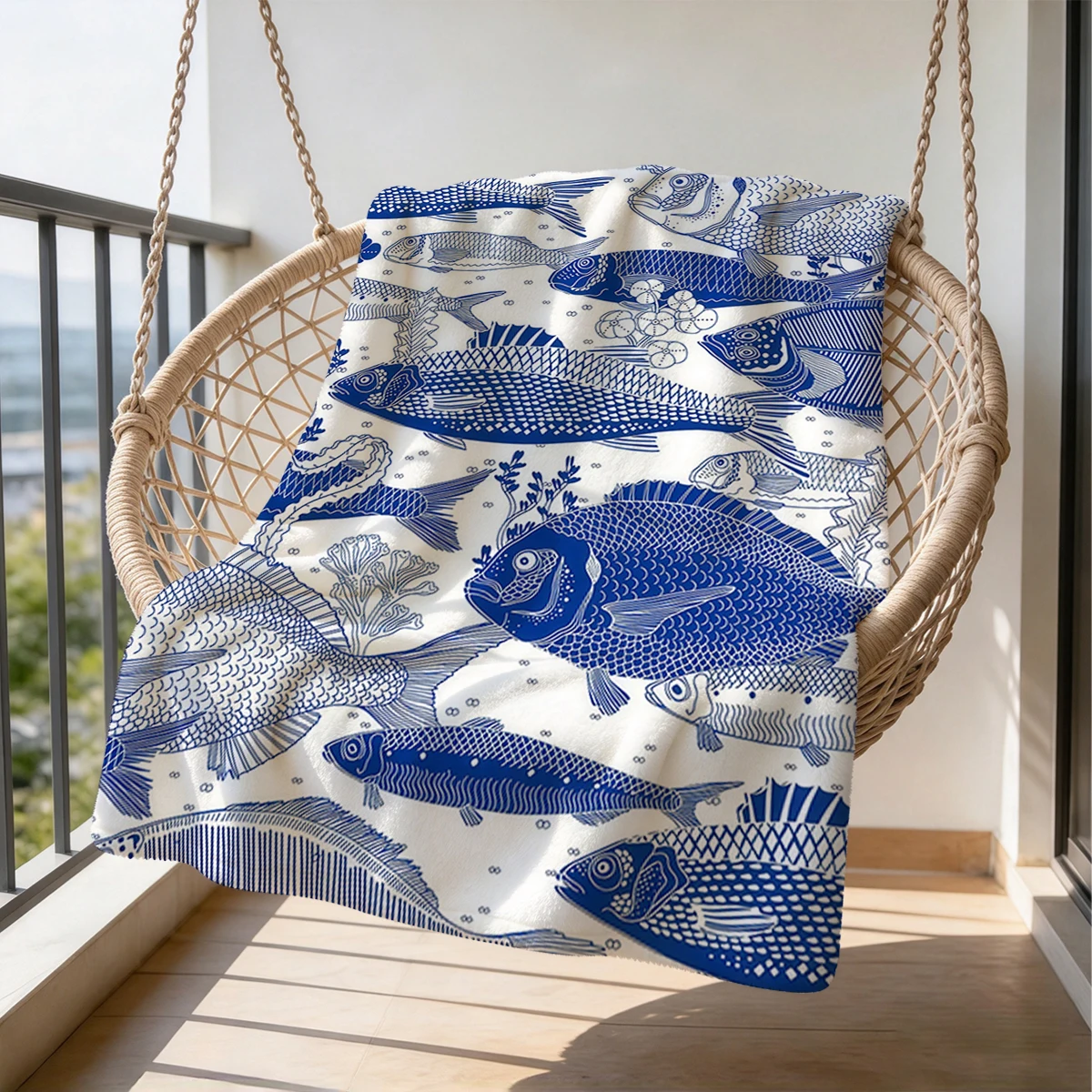 Blue Ocean Fauna Flannel Blanket Warm Soft Halloween Christmas Couch Warm Cozy Decorative Decor Gift for All Season