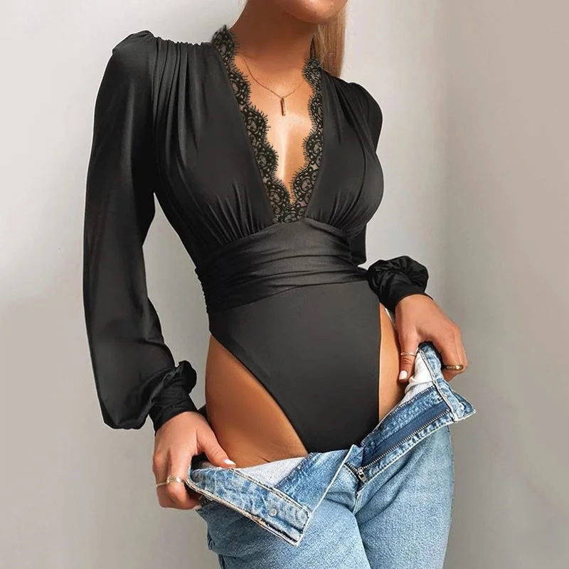 

Sexy Deep V Long Sve Slim Fit Bodysuit Women's Street Sle mid Waist Polyester ort Pants Online Exclusive Spring