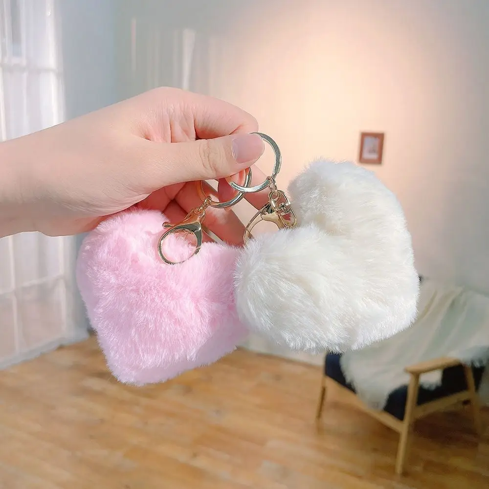 Cute Love Heart Plush Bag Pendant Imitation Rabbit Fur Solid Color Key Chain Fluffy Ball Bag Accessories Car Key Ring