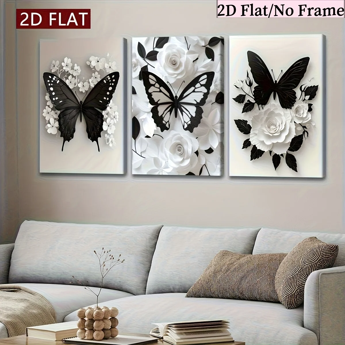 3pcs 2D Flat Paper Art Butterfly And Flower Rhythm Posters, Fantasy Decoration, Modern Art, Perfect