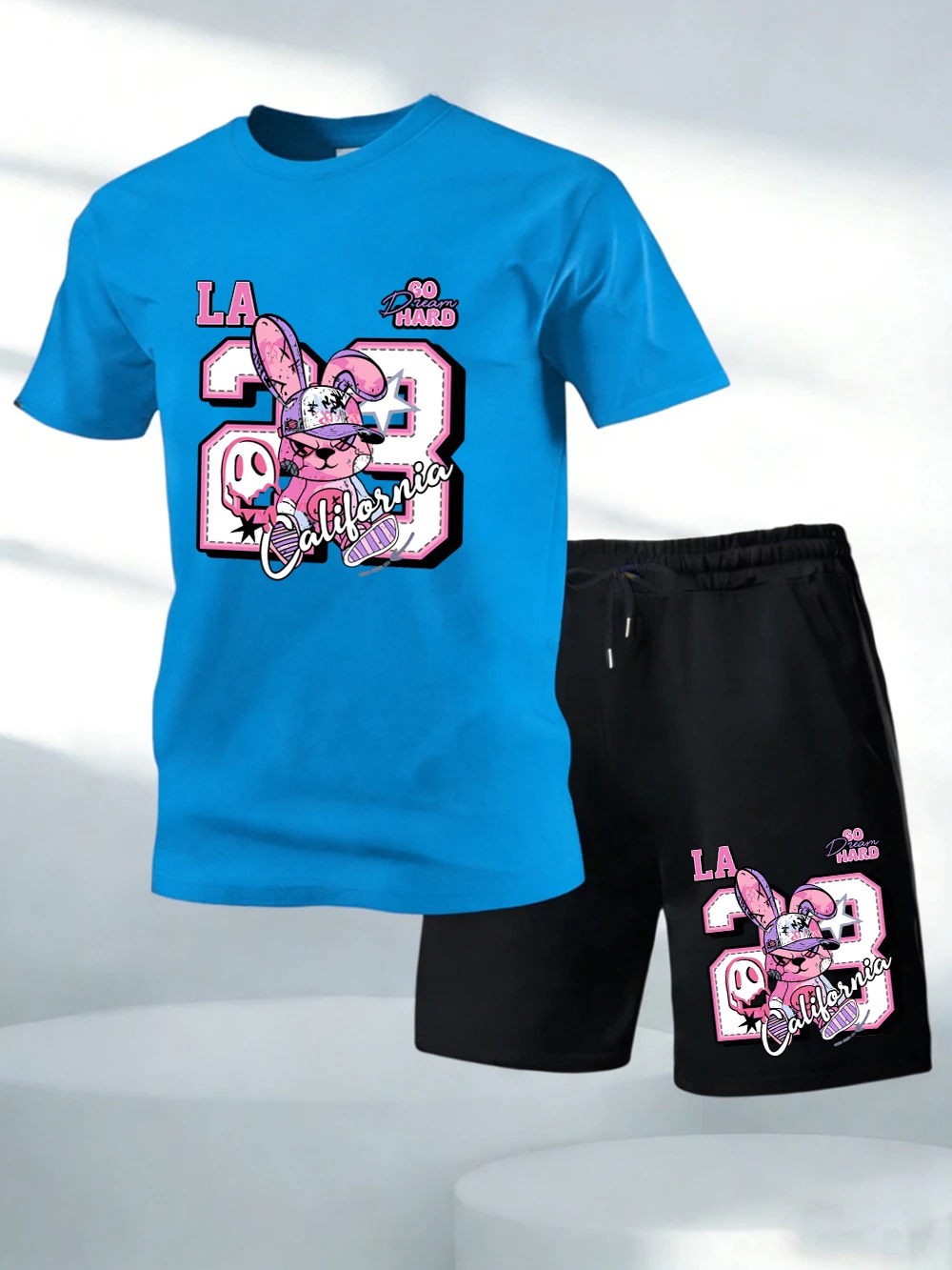 

Two Pieces Set Pink Rabbit California Printed Cotton Tops Shorts Mens O-Neck Oversized Soft T-Shirts Pocket High Waisted Pants