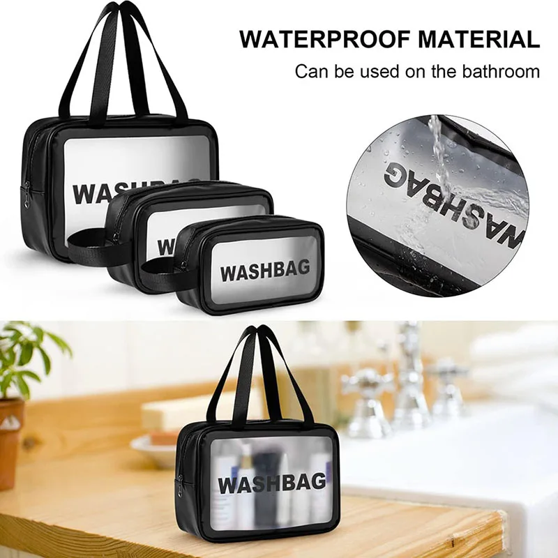 PU Leather Cosmetic Bag Frosted PVC Transparent Makeup Bag Waterproof Travel Toiletry Bag Beauty Skincare Wash Organizer Pouch