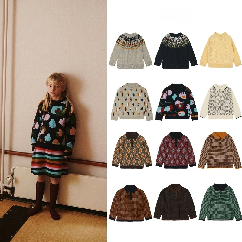 Ins-style AW25 الخريف والشتاء مجموعات الأطفال ارتداء محبوك سترة جاكار سترة صبي فتاة طويلة الأكمام بولو سترة السراويل