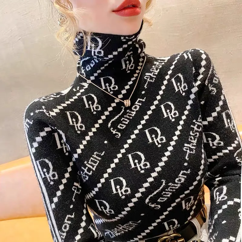 Women Clothing Slim Knitted Turtleneck Sweaters Autumn Winter New Vintage Fashion Elegant Pullovers Chic Y2k Letter Jacquard Top