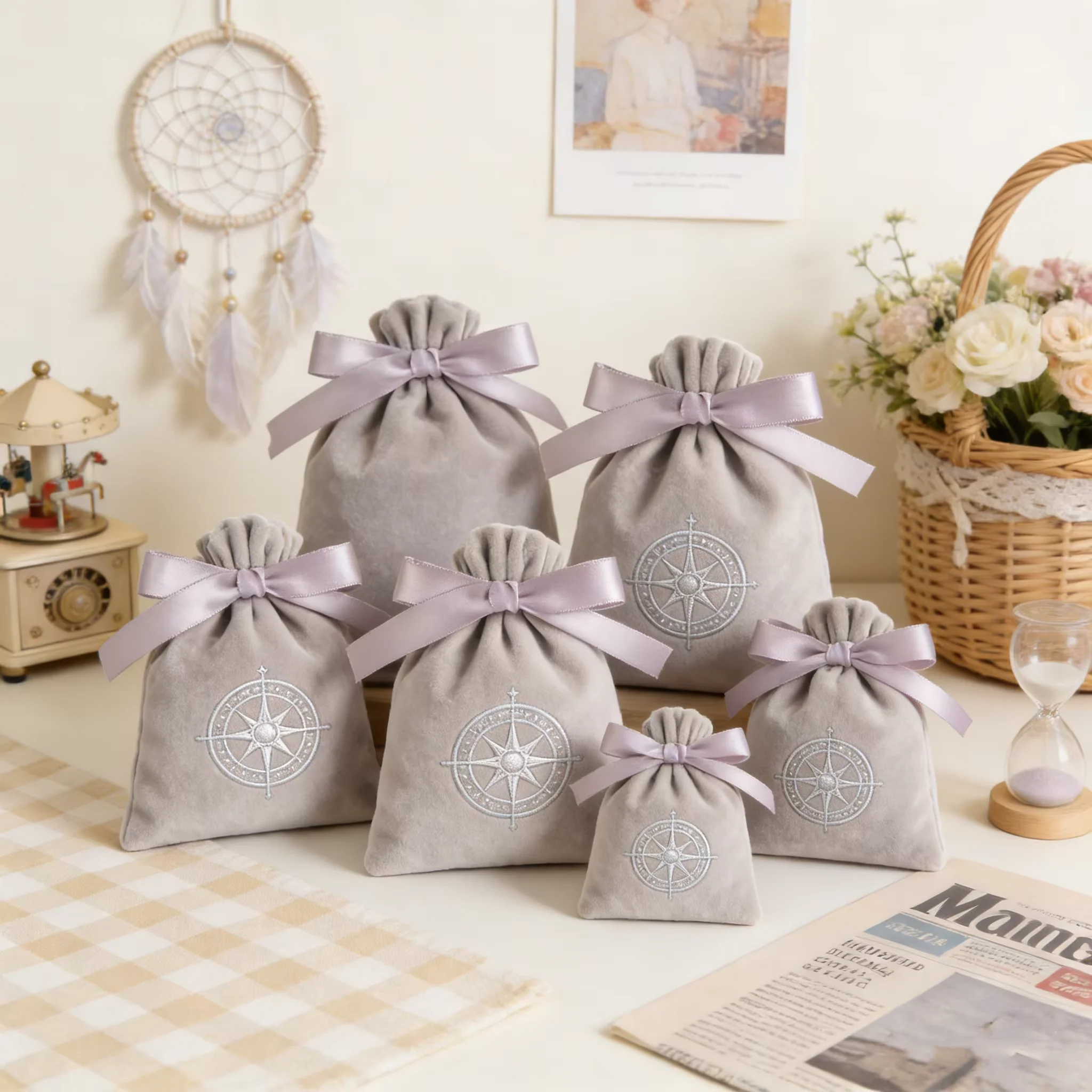 

50Pcs Velvet Jewelry Drawstring Bag With Ribbon Can Custom Logo Earring Rings Makeup Pouch Wedding Favors Candy Travel Organizer