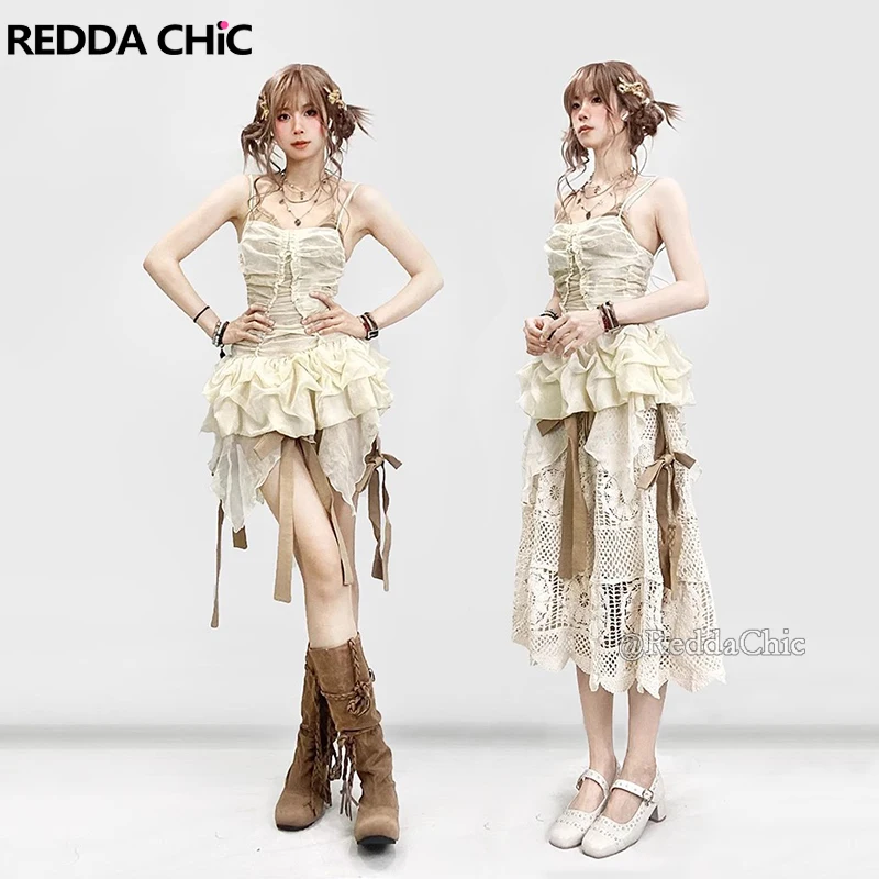 

REDDACHiC Retro Ruched Mini Dress Set Women Halter Bra Top See Through Irregular Ruffle Hem Bow Puffy Dress Party Cowgirl Outfit