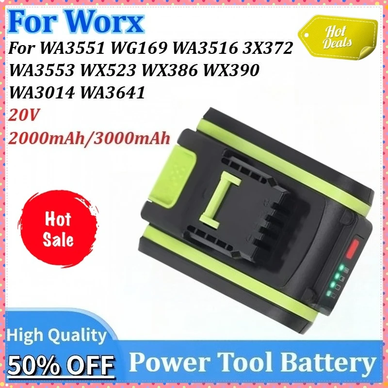 

20V 2000mAh/3000mAh Replacement Li-Ion Battery for Worx WA3551 WG169 WA3516 3X372 WA3553 WX386 WX523 WA3641 WA3570 WX390 WA3014