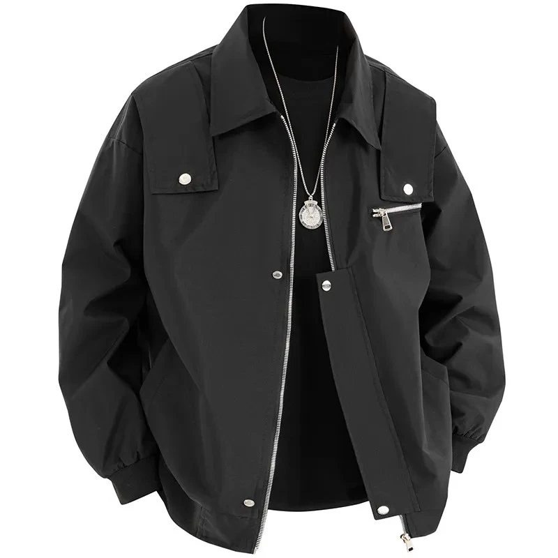 

Spring Autumn New Fashion Men's Black Solid Color Bomber Jacket Zipper Pockets Jackets Full Zip Jacket Cargo Outwear