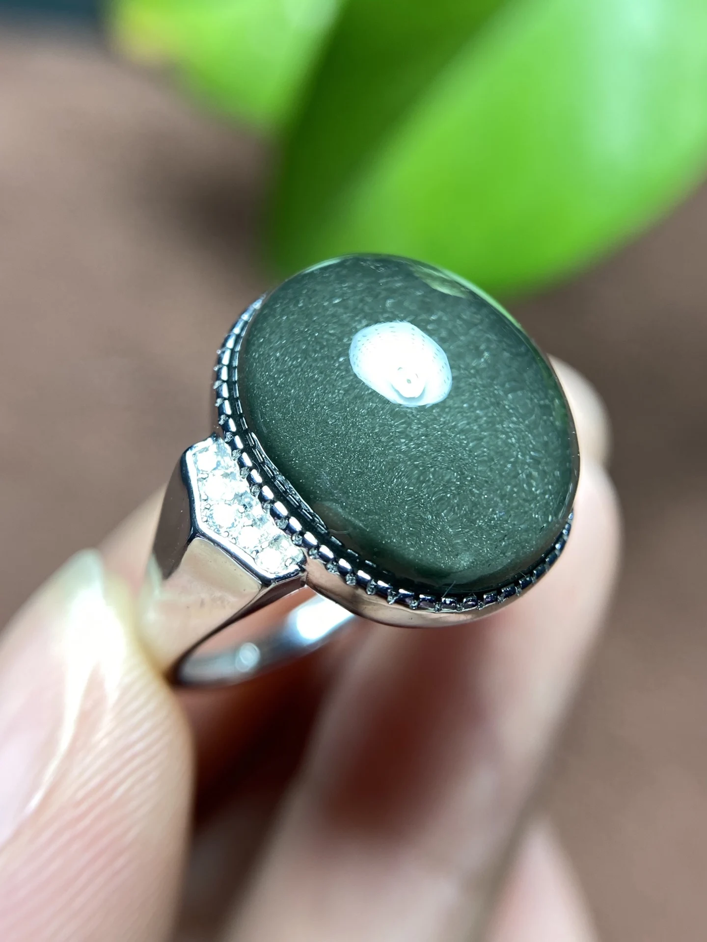 

15mm Natural Green Phantom Quartz Ring For Women Lady Men Healing Crystal Luck Gift Silver Oval Beads Gemstone Adjustable Ring