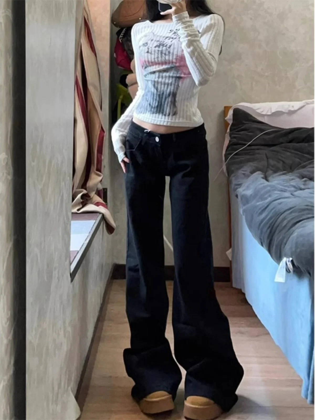 

Low Waist Wide Leg Black Denim Jeans Women's Spicy Girl Fall New Style Loose Fit Slimming Micro Flared Long Pants