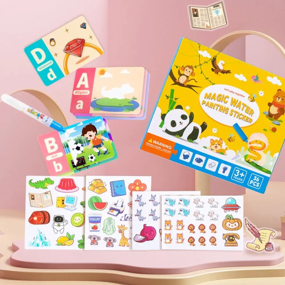 Livro de adesivos infantis de papel com caneta, livro de desenho de água para aprendizagem de inglês, portátil, 26 alfabeto, cartas para colorir de água, brinquedo
