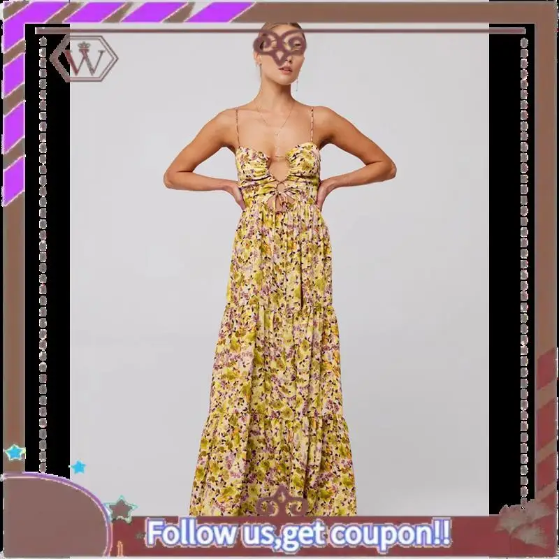 A95D-Summer Floral Sundress For Women Spaghetti Straps Hollow Out Tie Front Maxi Dress Flowy Smocked Bohemia- Dress