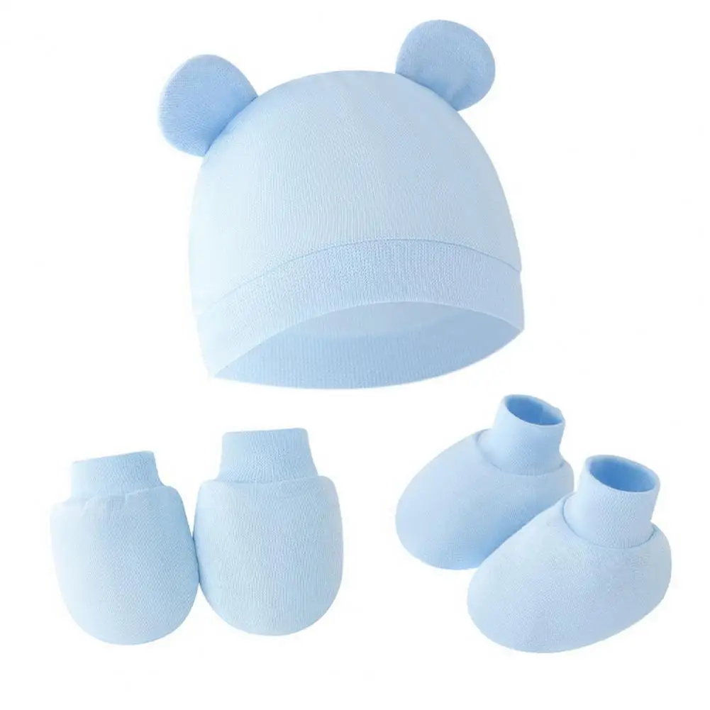 Newborn Nursery Supplies Newborn Baby Hat Mittens Set Cotton Infant Bear Ears Cap with Anti-scratch Gloves Soft Booties for 0-3