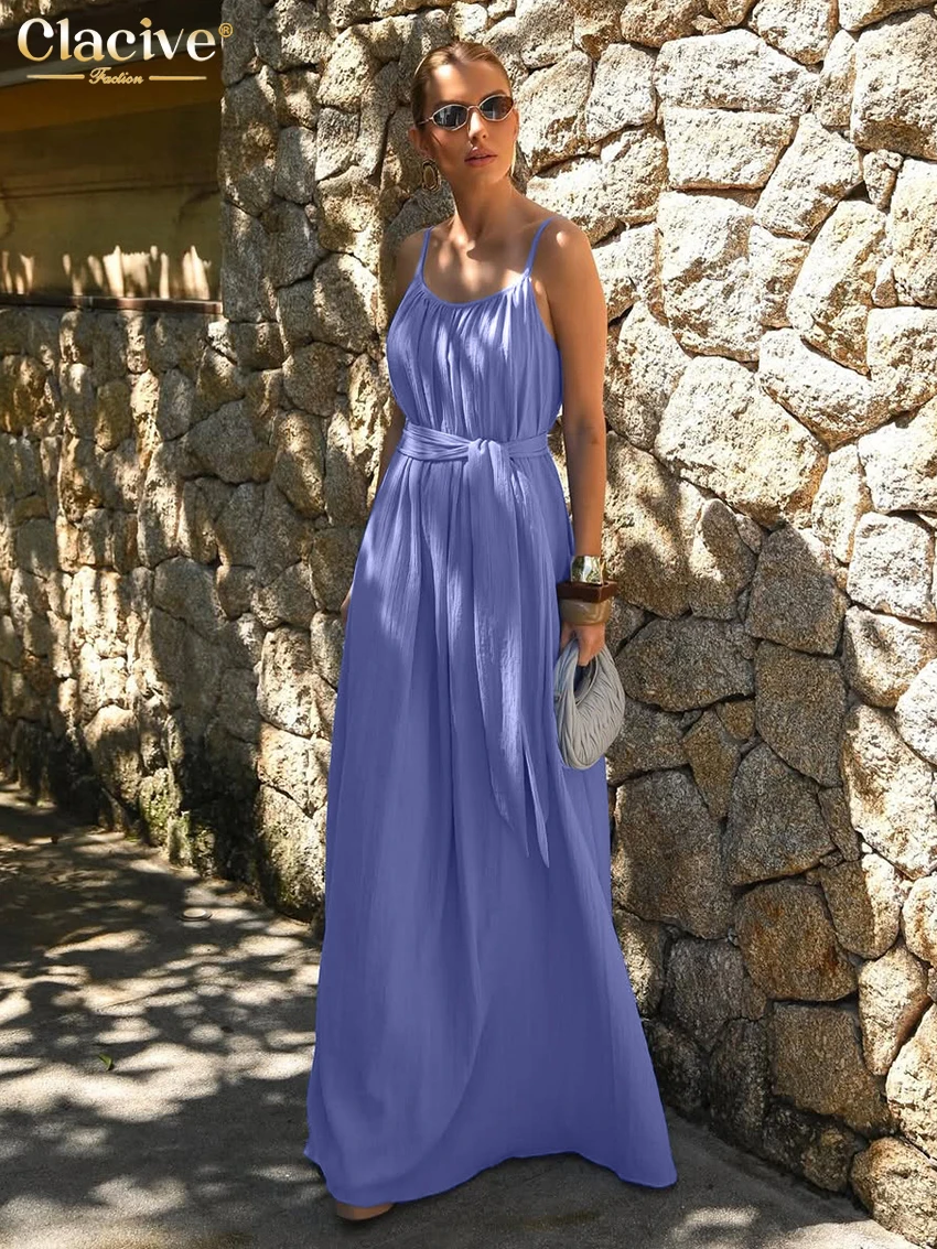

Clacive Sexy Loose Blue Cotton Women's Dress 2026 Summer Strap Sleeveless Maxi Dresses Lady Elegant Classic Lace-Up Female Dress