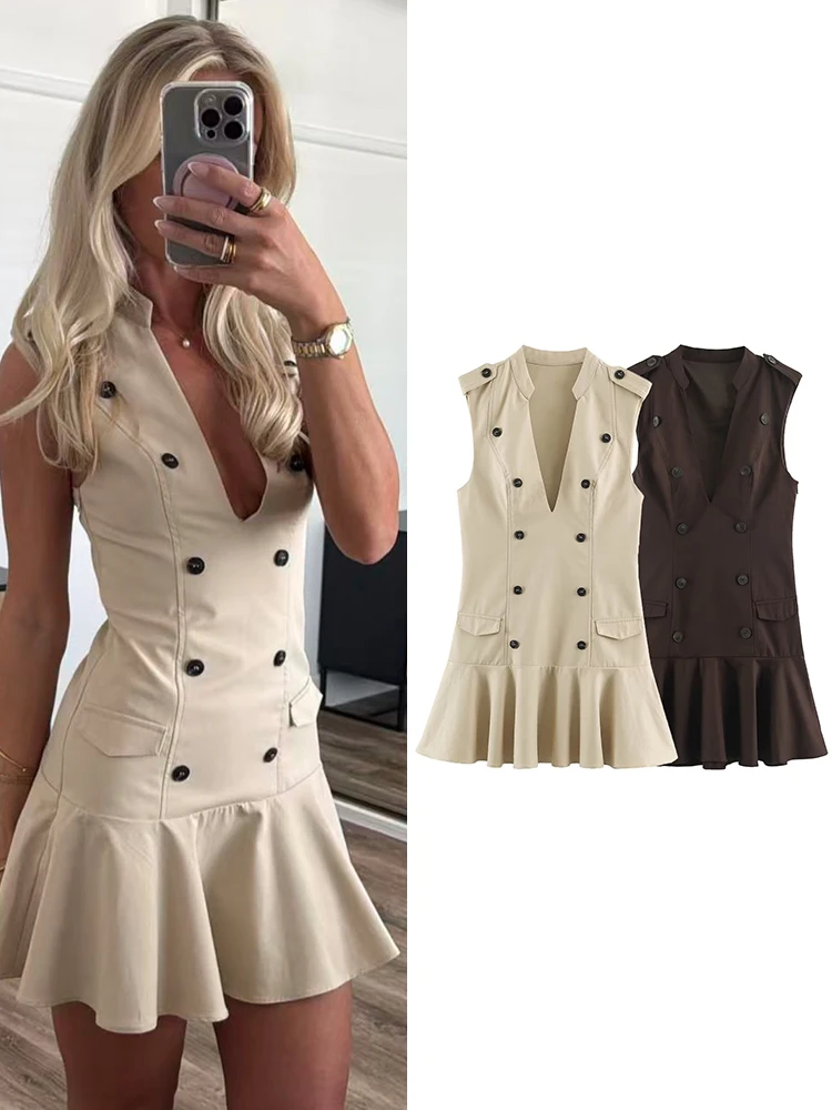 TFMLN 2026 Women's Elegant Dress Sleeveless V-Neck Ruffles Hem Lady Mini Dresses Summer Autumn Fashion Vacation Short Dress