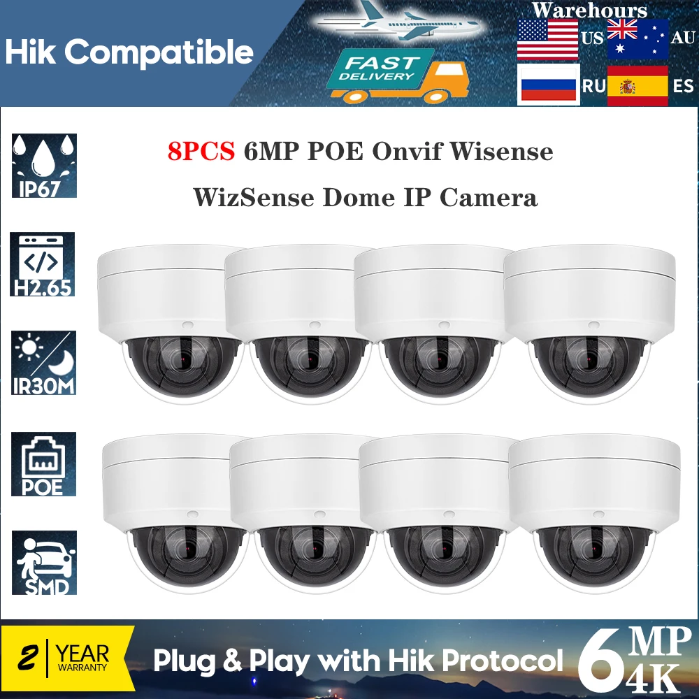 8PCS Hikvision Compatible 6MP POE Security Dome IP Camera Onvif Wisense IR Night Vision Human Vehicle Detection Camera Mic IP67