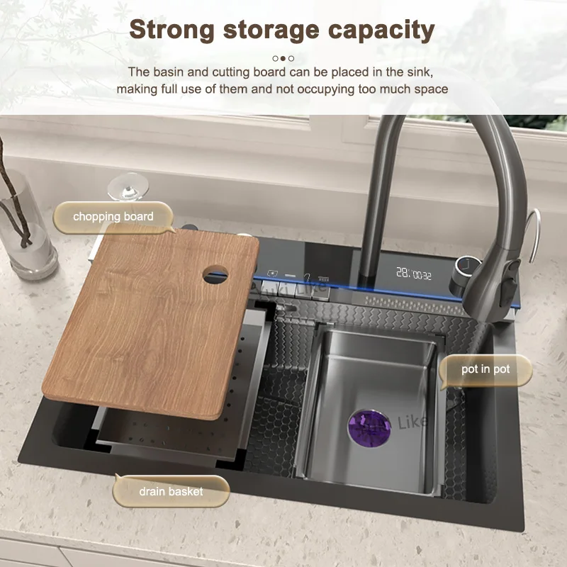 Imagem -02 - Pia de Cozinha de Cachoeira de Slot Único Grande Conjunto de Torneira de Display Digital Integrado Lavatório em Relevo Aço Inoxidável