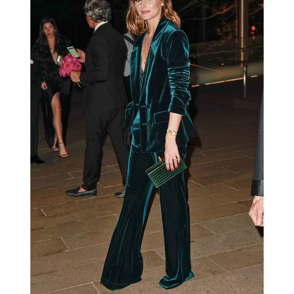 Dark Green Velvet Suit Two Pieces For Women Loose Casual Double Breasted Notched Lapel Fashion Outfit Red Carpet Female Set
